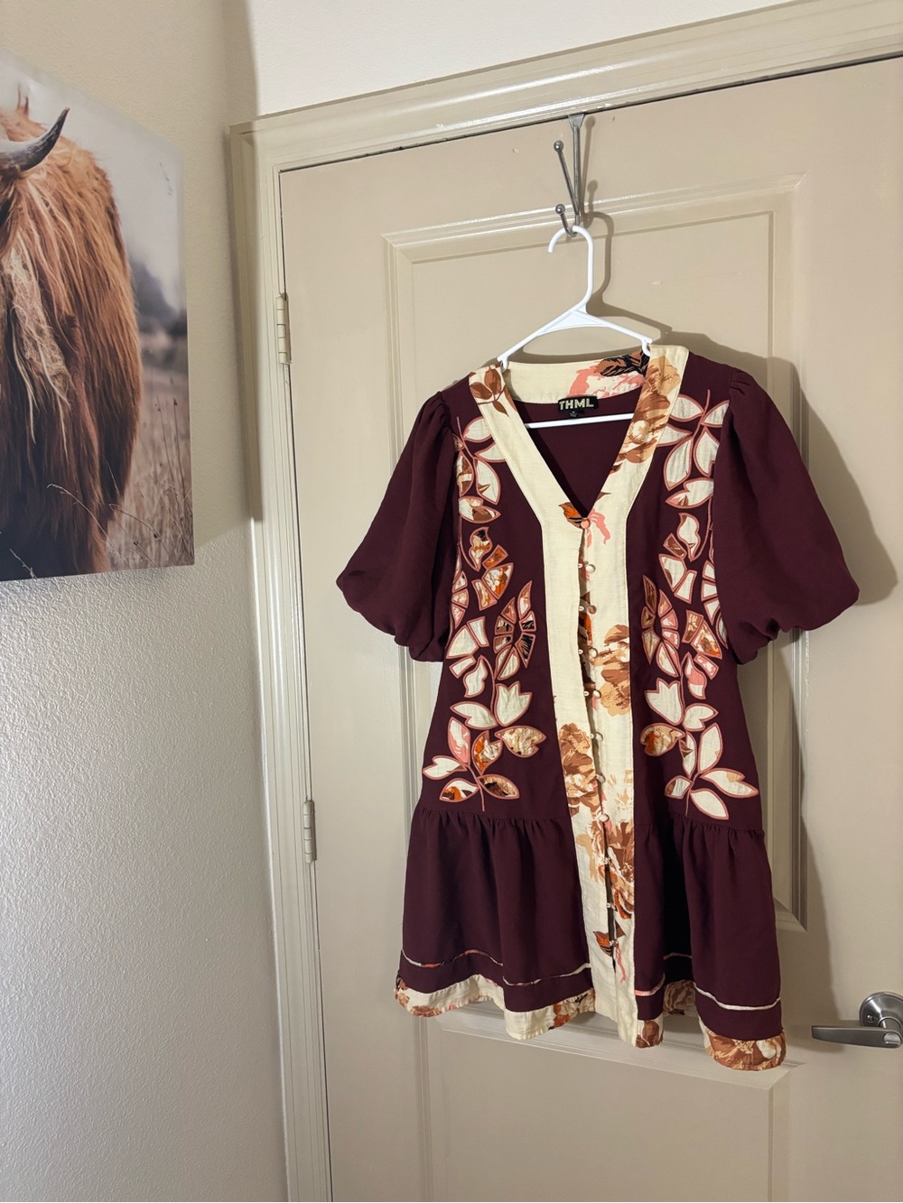 Embroidered Boho Tunic Dress in Burgundy and Cream